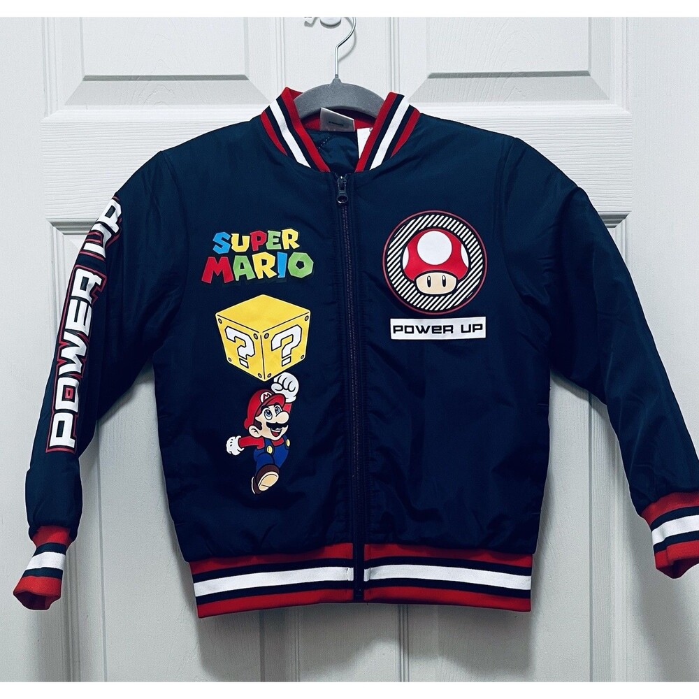 Super Mario Boys 6/7 Admiral Navy Bomber Jacket Nintendo Mario Luigi NWOT